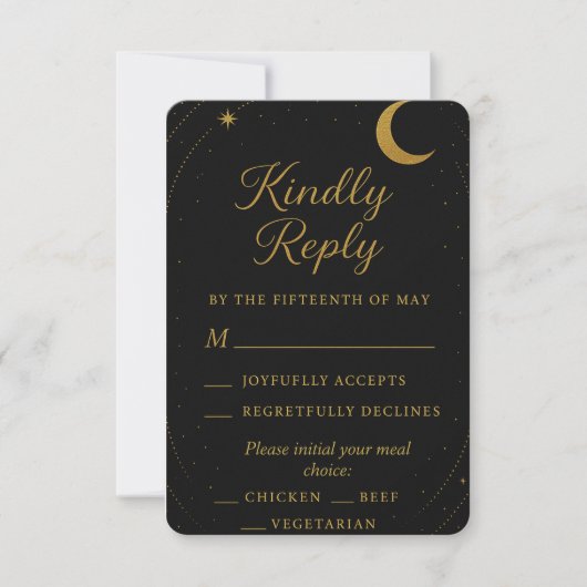Carte de réponse de mariage Céleste Noir et Or | É (Devant)