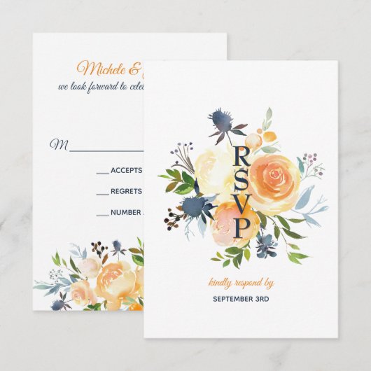 Carte de réponse de mariage corail bleu marine flo (Devant / Derrière)