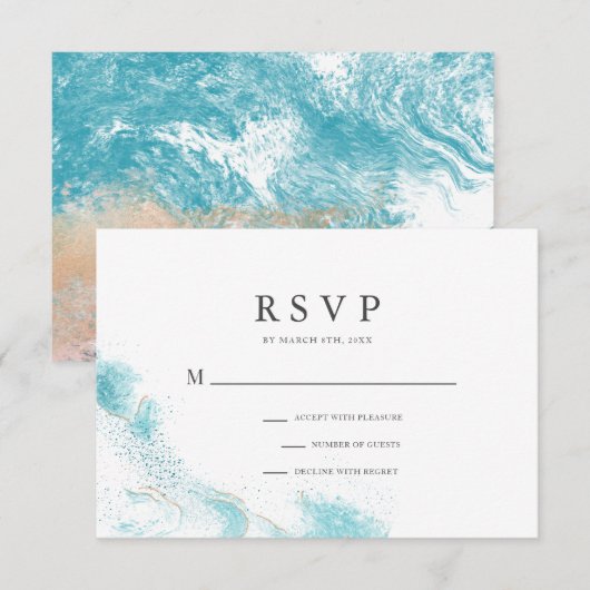 Carte de réponse de mariage côtier aux vagues bleu (Devant / Derrière)