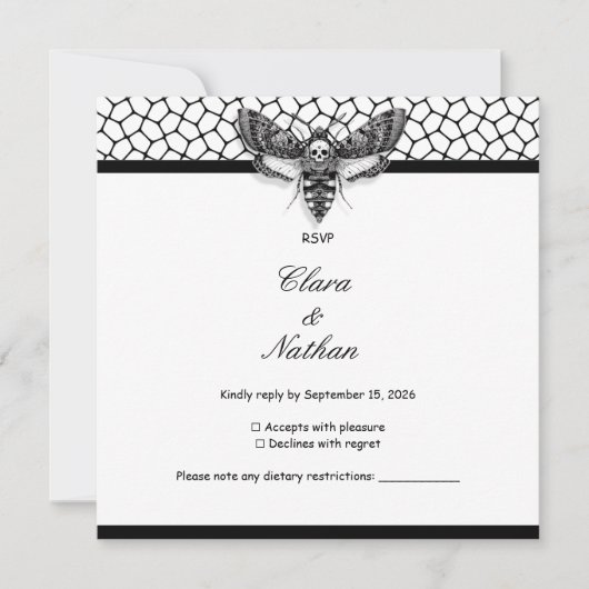 Carte de réponse de mariage crâne de papillon goth (Devant)