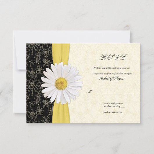 Carte de réponse de mariage Daisy noire jaune, ivo (Devant)