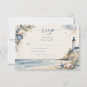Carte de réponse de mariage de plage au phare de N
