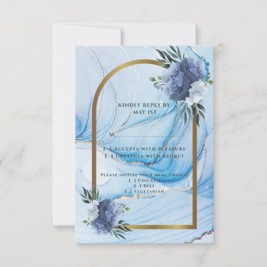 Carte de réponse de mariage élégante bleue et or (Devant)