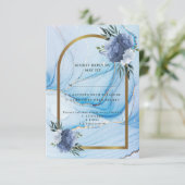 Carte de réponse de mariage élégante bleue et or (Debout devant)