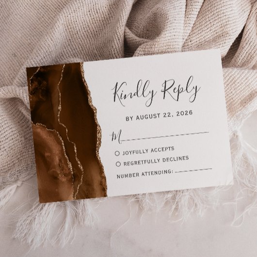Carte de réponse de mariage en agate brun mocha or