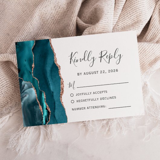 Carte de réponse de mariage en agate rose sarcelle