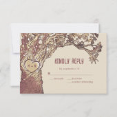 Carte de réponse de mariage en bois de chêne au cœ (Devant)