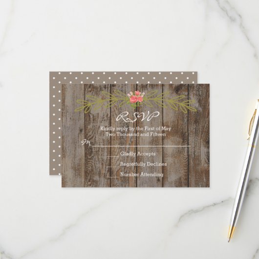 Carte de réponse de mariage en bois rustique de gr (Devant/Arrière en situation)
