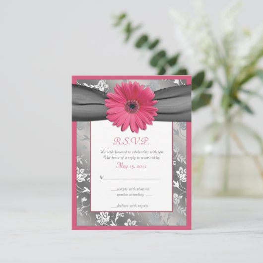 Carte de réponse de mariage en damas rose et gris (Debout devant)