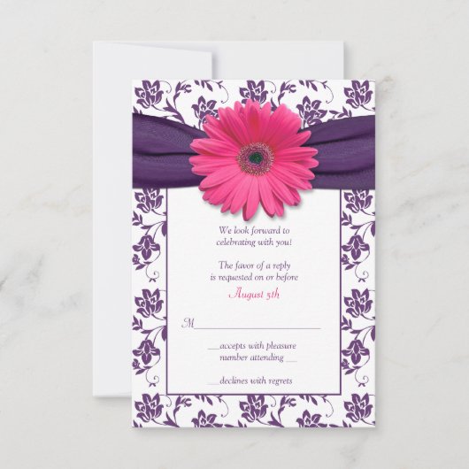 Carte de réponse de mariage en damas violet avec g (Devant)