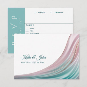 Carte de réponse de mariage en soie sarcelle et ro
