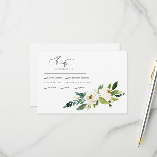 Carte de réponse de mariage Fleurs blanches (Devant/Arrière en situation)