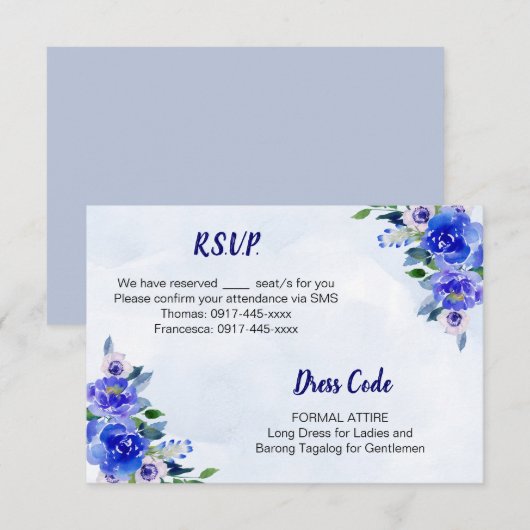 Carte de réponse de mariage floral aquarelle bleu (Devant / Derrière)