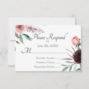 Carte de réponse de mariage floral bordeaux et ros