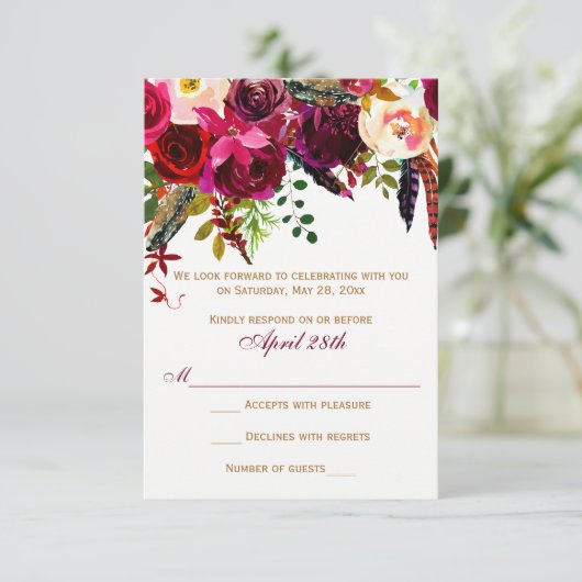 Carte de réponse de mariage - Floral bordeaux, Plu (Debout devant)