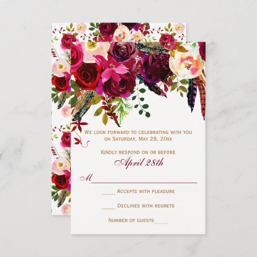 Carte de réponse de mariage - Floral bordeaux, Plu (Devant / Derrière)