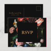 Carte de réponse de mariage floral noir foncé (Devant / Derrière)