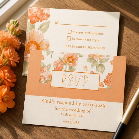 Carte de réponse de mariage floral orange