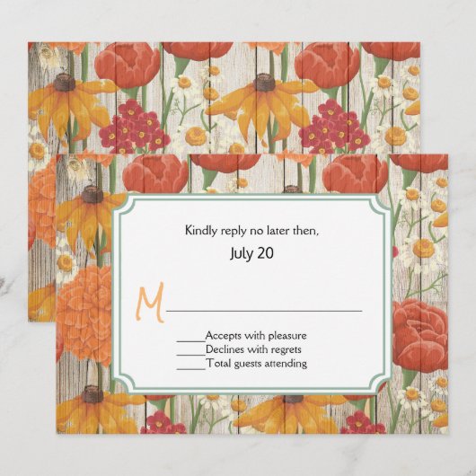 Carte de réponse de mariage floral orange rustique (Devant / Derrière)