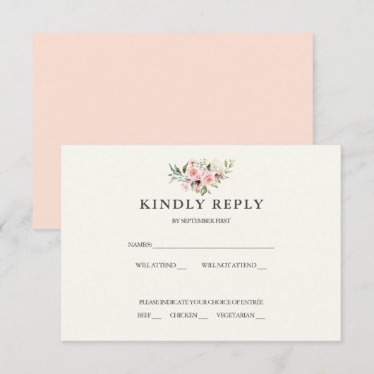 Carte de réponse de mariage floral rose - Crème (Devant / Derrière)