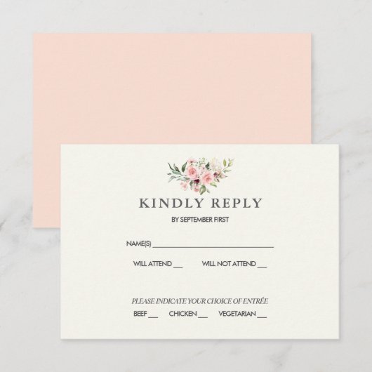 Carte de réponse de mariage floral rose - Crème (Devant / Derrière)