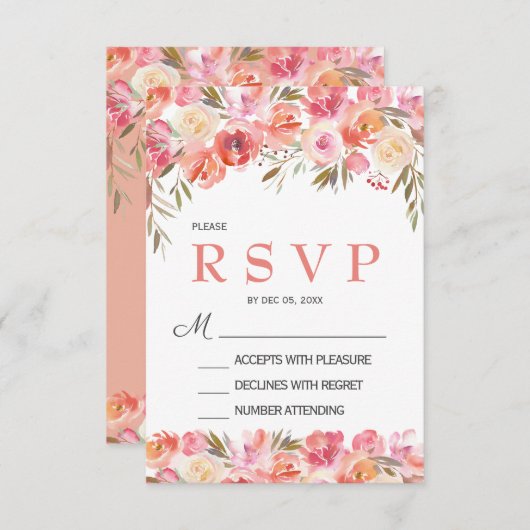 Carte de réponse de mariage floral rose pêche past (Devant / Derrière)