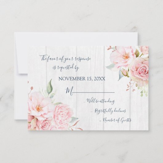 Carte de réponse de mariage floral rose rustique d (Devant)