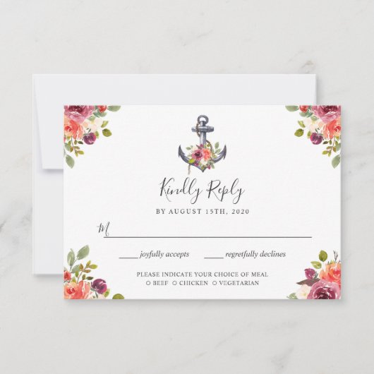 Carte de réponse de mariage florale à l'ancre naut (Devant)