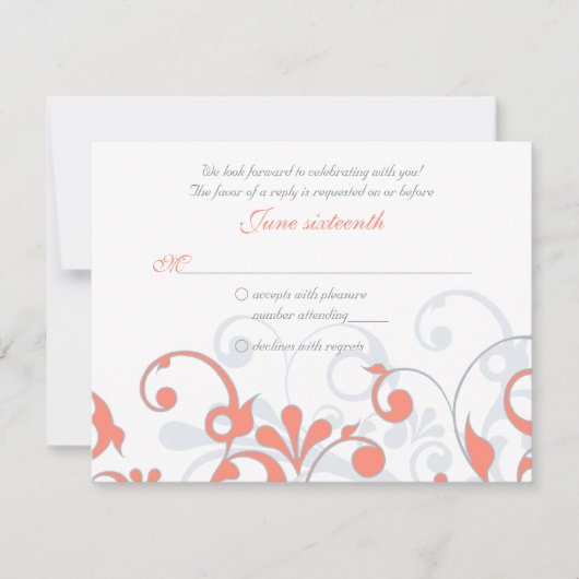 Carte de réponse de mariage florale abstraite gris (Devant)