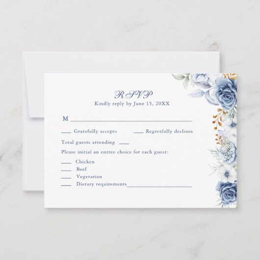 Carte de réponse de mariage florale bleue et dorée (Devant)
