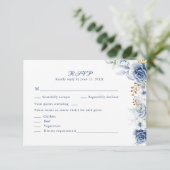 Carte de réponse de mariage florale bleue et dorée (Debout devant)