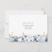 Carte de réponse de mariage florale bleue et dorée (Dos)