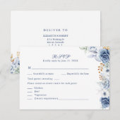 Carte de réponse de mariage florale bleue et dorée (Devant / Derrière)