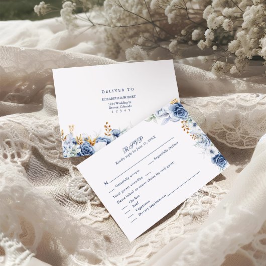 Carte de réponse de mariage florale bleue et or mo