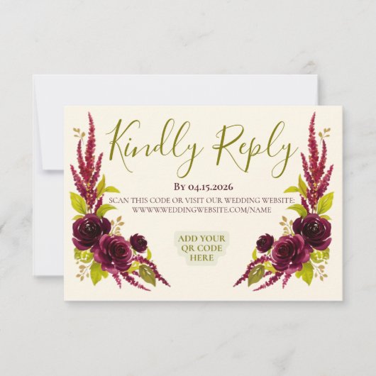 Carte de réponse de mariage florale Chartreuse et  (Devant)