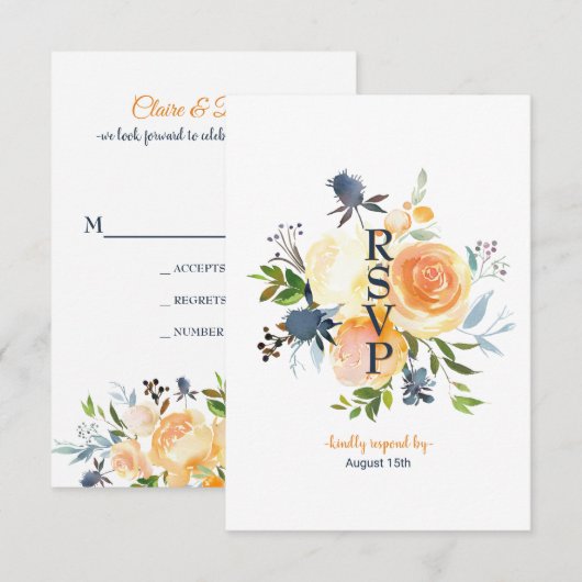 Carte de réponse de mariage florale corail bleu ma (Devant / Derrière)