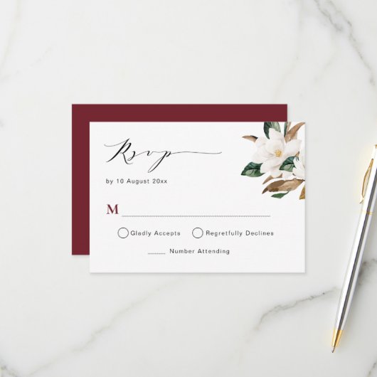 carte de réponse de mariage florale magnolia borde (Devant/Arrière en situation)