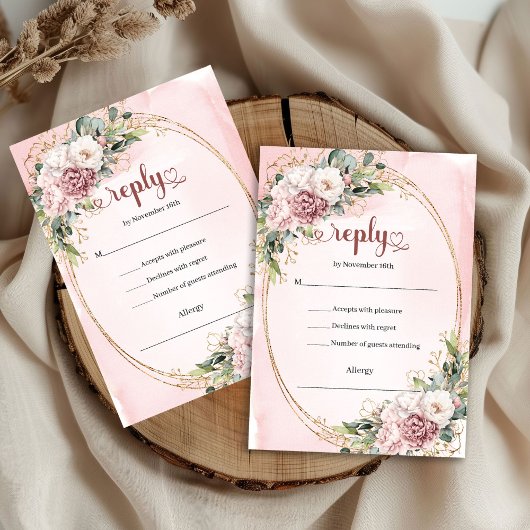 Carte de réponse de mariage florale rose doré élég