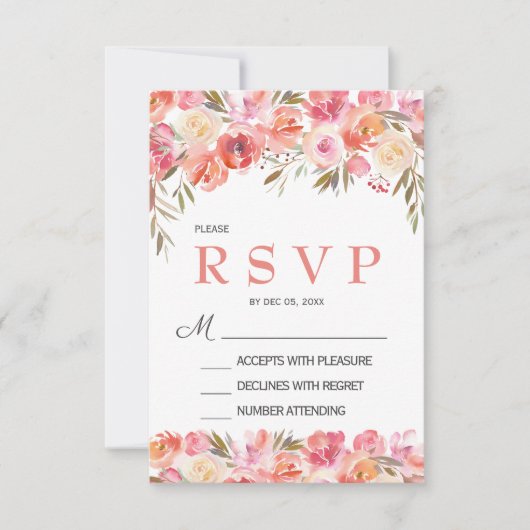 Carte de réponse de mariage florale rose pêche pas (Devant)
