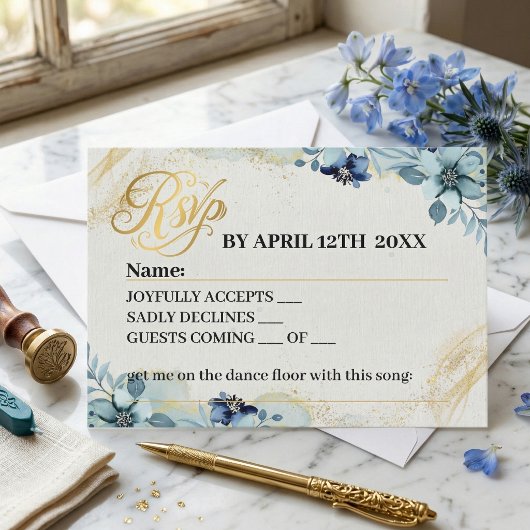Carte de réponse de mariage florale rustique bleu 