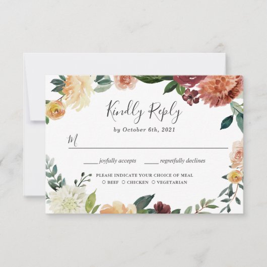 Carte de réponse de mariage florale rustique en bo (Devant)