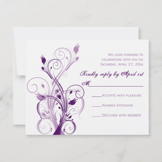 Carte de réponse de mariage florale violette, lila (Dos)