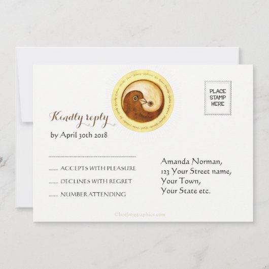 CARTE DE RÉPONSE DE MARIAGE Gold YinYang colombes (Dos)