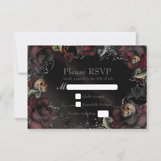 Carte de réponse de mariage gothique Black Roses & (Devant)