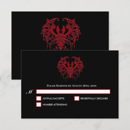 Carte de réponse de mariage gothique noir et rouge (Devant / Derrière)