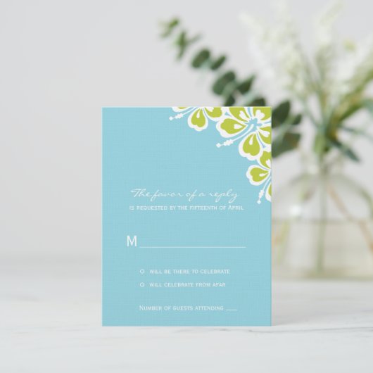 Carte de réponse de mariage Hibiscus Delight - Ble (Debout devant)