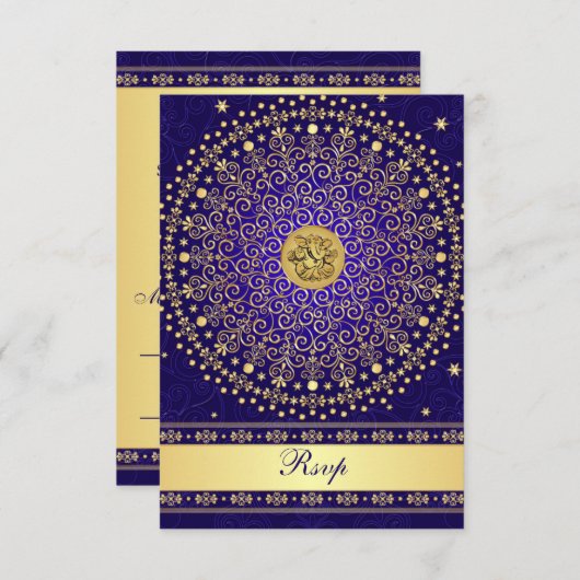 Carte de réponse de mariage Hindu Ganesh Blue Gold (Devant / Derrière)
