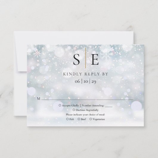 Carte de réponse de mariage hivernal avec monogram (Devant)