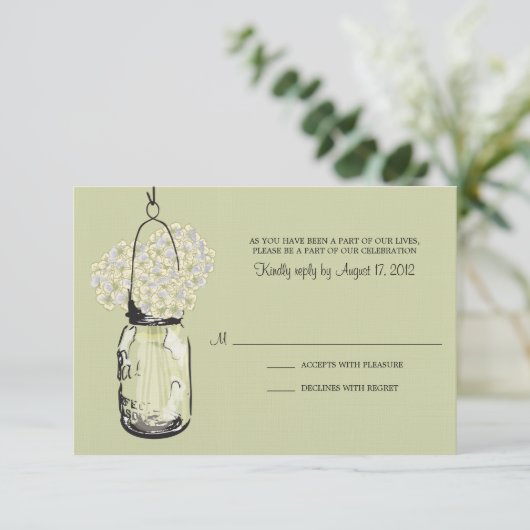 Carte de réponse de mariage Hydrangea et pot Mason (Debout devant)