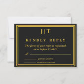 Carte de réponse de mariage Luxe Noir & Or Monogra (Devant)
